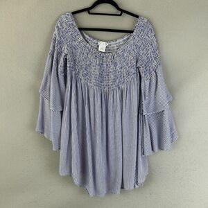 Paradiso Womens XL Blue White Stripe Smocked Off Shoulder Tiered Bell Sleeve